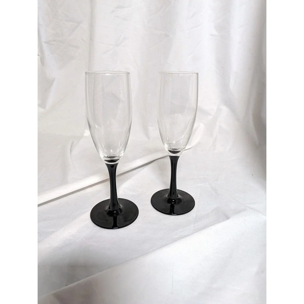 Black Stem Champagne Flute Wine Glasses Set of 2 Luminarc Domino France Vtg